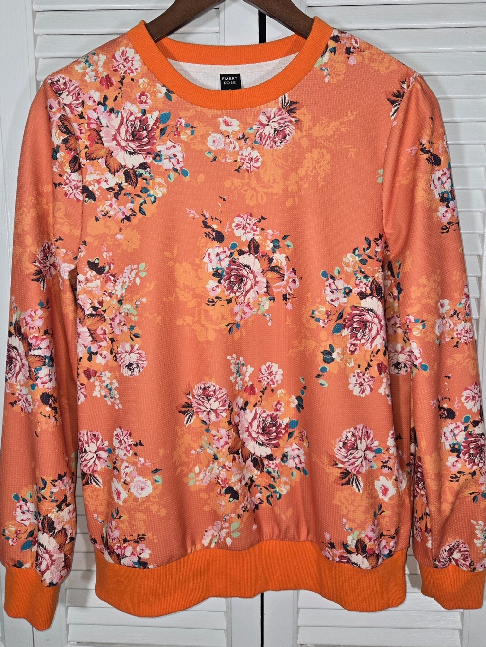 Emery Rose Crewneck Long Sleeve Orange Floral Rib Knit Sweatshirt Sz s